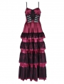 Red Gothic Sexy Retro Lace Trim Tiered Strappy Maxi Dress