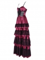 Red Gothic Sexy Retro Lace Trim Tiered Strappy Maxi Dress