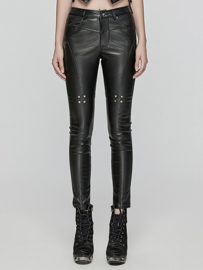 Black Gothic Punk Faux Leather Slim Fit Pants for Women