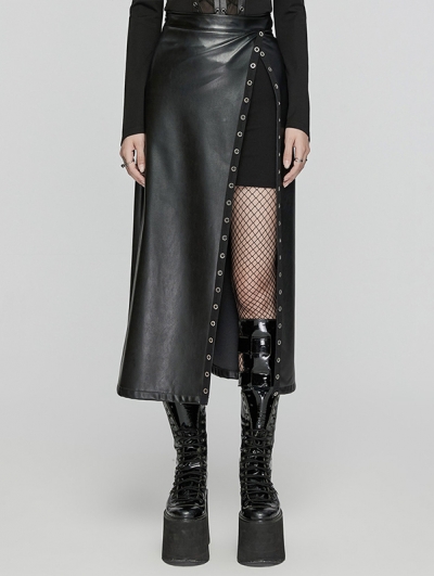 Black Fashion Gothic Daily Faux Leather Slit Skirt