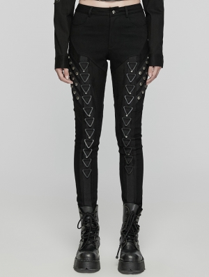 Black Gothic Punk Metal Triangular Buckle Embellished Jeans for Women