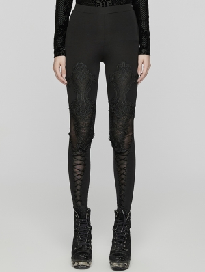 Black Gothic Lace Mesh Knitted Leggings for Women