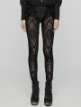 Black Vintage Gothic Pattern Flocked Mesh Leggings for Women