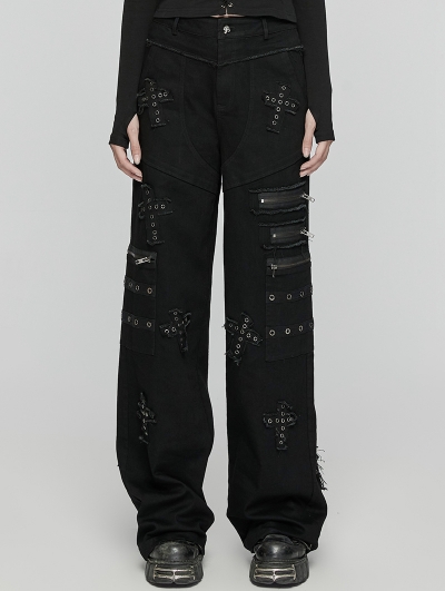 Black Gothic Punk Decadent Cross Patch Straight Loose Pants for Women