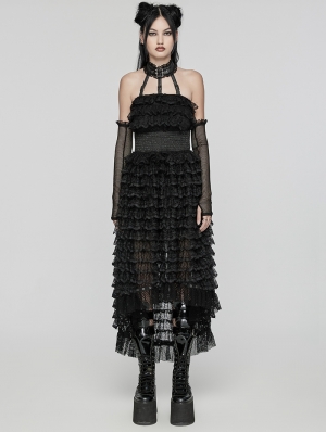 Black Gothic Sweet Punk Tiered High-Low Lace Dress with Detachable Collar