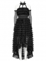 Black Gothic Sweet Punk Tiered High-Low Lace Dress with Detachable Collar