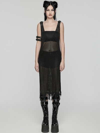 Black Gothic Post-Apocalyptic Techwear Style Hollow Out Dress