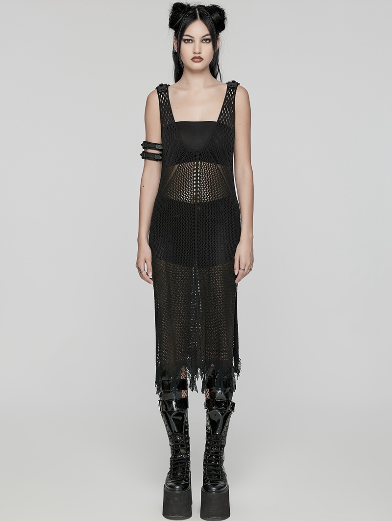 Black Gothic Post-Apocalyptic Techwear Style Hollow Out Dress