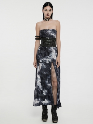 Black and Gray Gothic Sexy Tie-Dyed Knitted Strapless Long Slit Dress