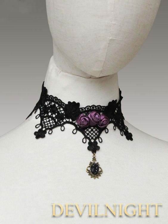 Black Lace Purple Flower Romantic Gothic Necklace