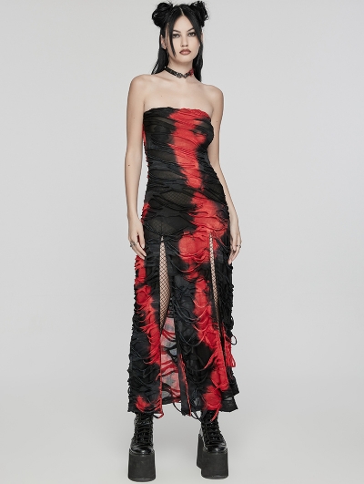 Black and Red Gothic Sexy Tie-Dyed Strapless Long Slit Dress