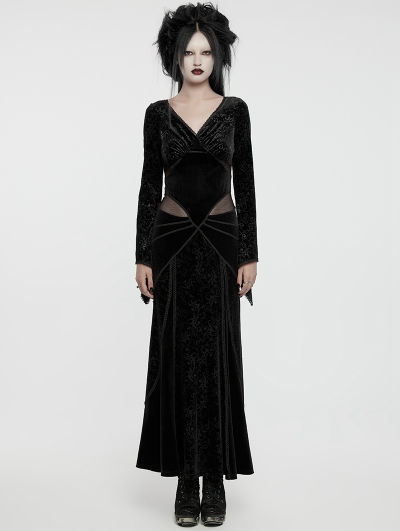 Black Gothic V-Neck Embossed Velvet Mesh Splicing Sexy Long Dress