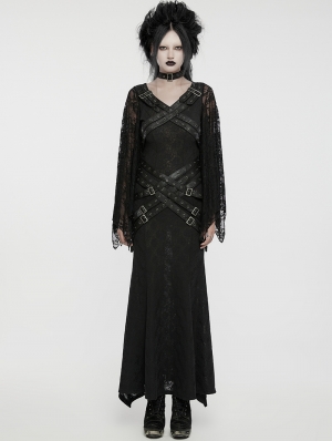 Black Gothic Punk Multi-Buckle Sexy Lace Bat Sleeves Dress