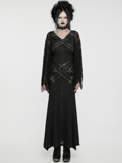 Black Gothic Punk Multi-Buckle Sexy Lace Bat Sleeves Dress