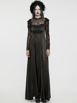 Black Gothic Hollow Out Lace Applique Long Sleeve Maxi Dress