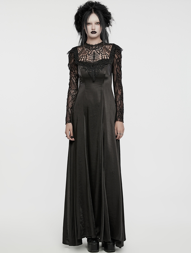 Black Gothic Hollow Out Lace Applique Long Sleeve Maxi Dress