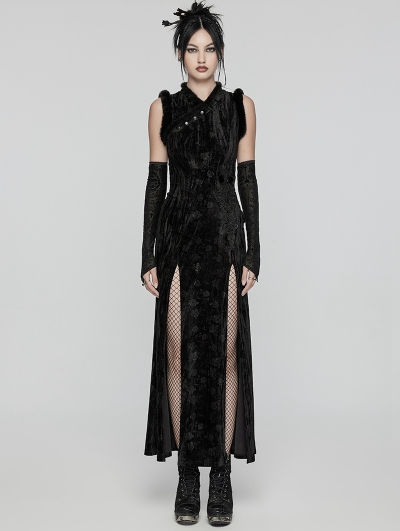 Black Gothic Chinese Style Embossed Velvet Slit Dress with Detachable Sleeves