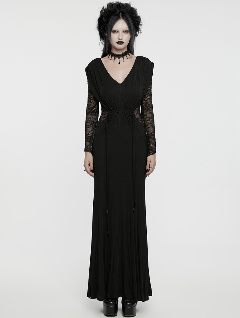 Black V Neck Gothic Lace Hollow Long Sleeve Formal Dress