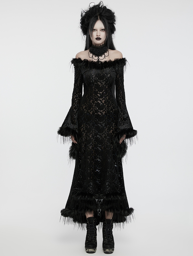 Black Gothic Dark Off-the-Shoulder Lace Fur Trim Sexy Dress