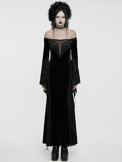 Black Gothic Off-the-Shoulder Sexy Velvet Lace Splicing Long Dress