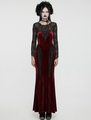 Red and Black Gothic Sexy Velvet Floral Mesh Lace Sleeve Dress