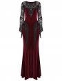 Red and Black Gothic Sexy Velvet Floral Mesh Lace Sleeve Dress