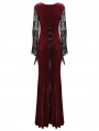 Red and Black Gothic Sexy Velvet Floral Mesh Lace Sleeve Dress