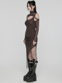 Coffee Gothic Hooded Irregular Mesh Two-Piece Dress