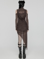 Coffee Gothic Hooded Irregular Mesh Two-Piece Dress