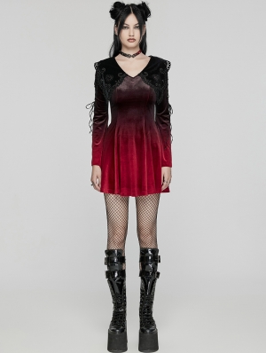 Black and Red Velvet Sweet Gothic Flared Sleeve Short Dress