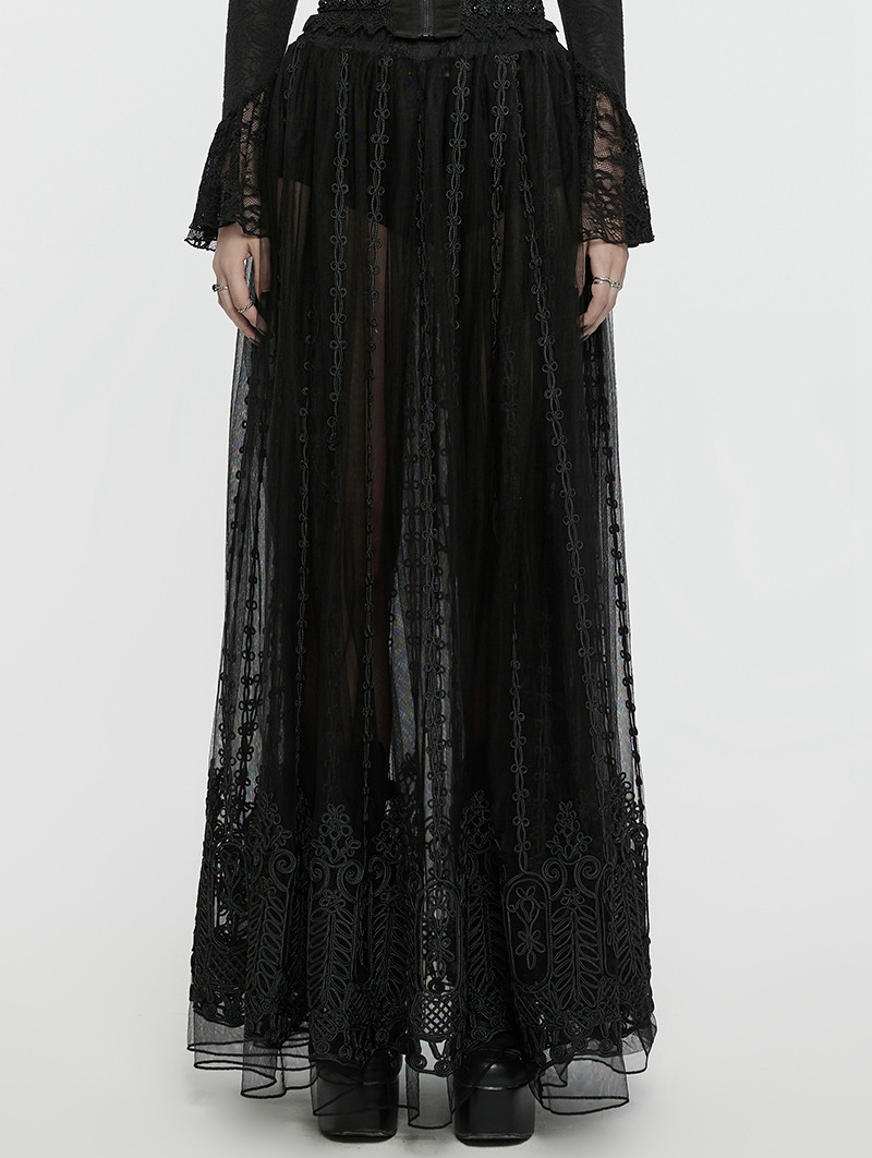 Black Dark Gothic 3D Embroidered Mesh Maxi Skirt