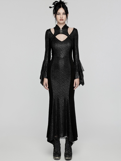 Black Gothic Retro Mesh Irregular Flared Sleeve Long Fishtail Dress