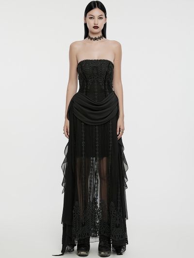 Black Gothic 3D Embroidered Beaded Strapless Elegant Long Party Dress