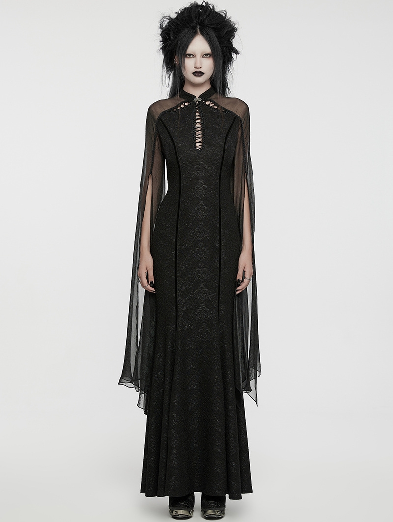 Black Vintage Gothic Flowing Split Long Sleeve Dress