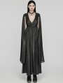 Black Gothic Deep V-Neck Cape Sleeve Printed Chiffon Long Dress