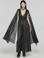 Black Gothic Deep V-Neck Cape Sleeve Printed Chiffon Long Dress