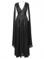 Black Gothic Deep V-Neck Cape Sleeve Printed Chiffon Long Dress