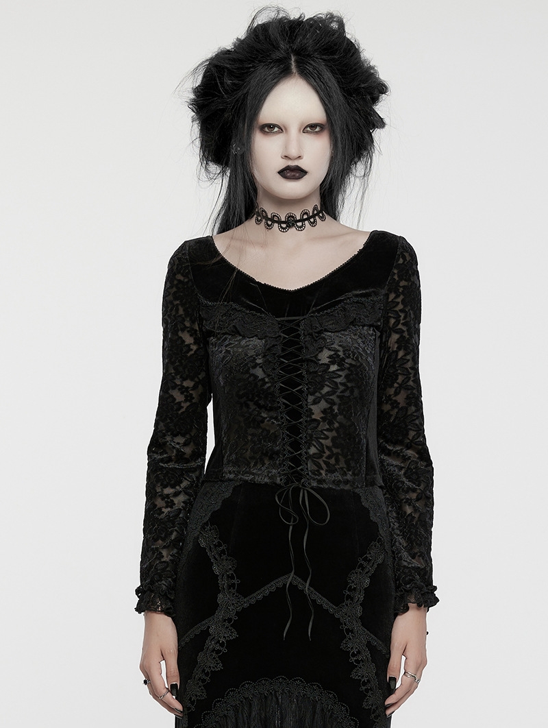 Black Gothic V-Neck Gorgeous Lace Velvet T-Shirt for Women