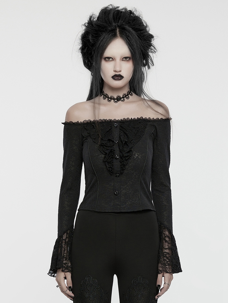 Black Gothic Sexy Off-the-Shoulder Lace Ruffles T-Shirt for Women