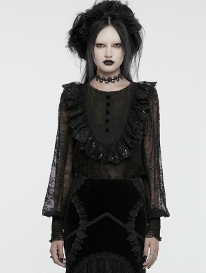 Black Gothic Sequin Pleated Ruffle Lace Shirt for Women