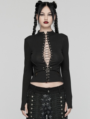 Black Gothic Punk Sexy Drawstring Long Sleeve T-Shirt for Women