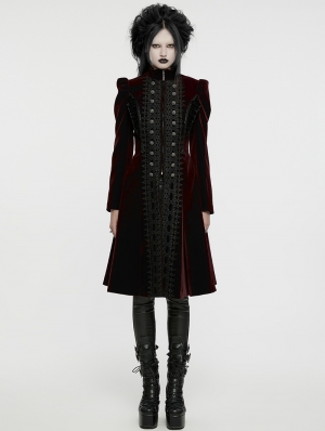 Black and Red Retro Gothic Velvet Symmetric Embroidery Party Coat for Women