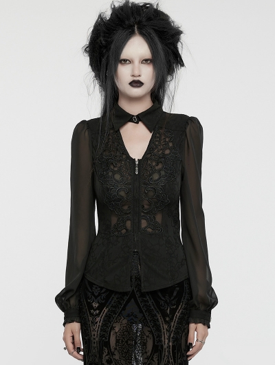 Black Gothic Hollow Out Lace Applique Zip Front Shirt for Women