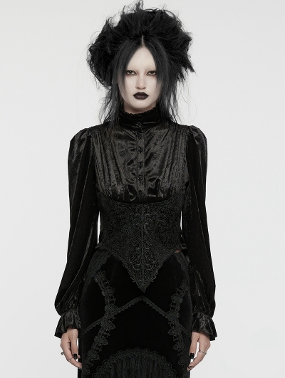 Black Retro Gothic Velvet Ruffle Shirt for Women