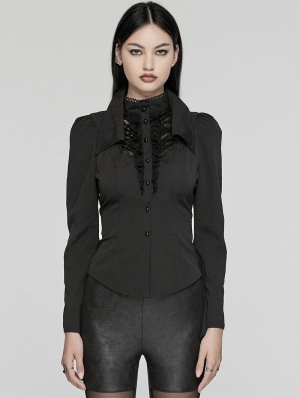 Black Gothic Double-Collar Lace Splicing Shirt for Women