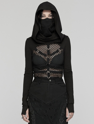 Black Gothic Punk Sexy Mesh Hooded Mask T-Shirt for Women