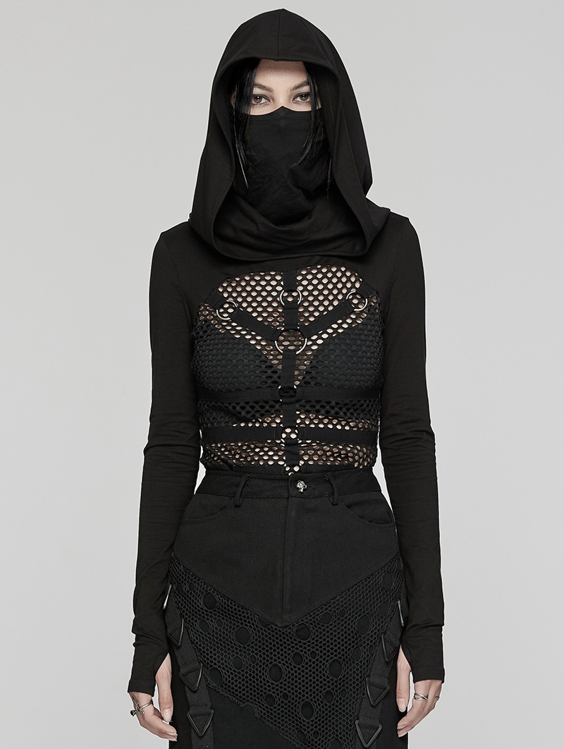 Black Gothic Punk Sexy Mesh Hooded Mask T-Shirt for Women