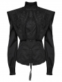 Black Retro Gothic Wide Shoulder Ruffle Long Sleeve Shirt for Women