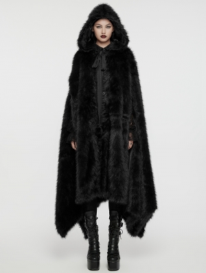 Black Gothic Faux Silver Fox Fur Winter Warm Hooded Cloak for Women