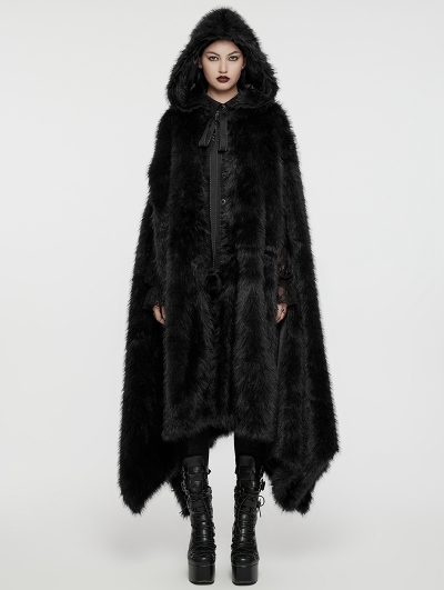 Black Gothic Faux Silver Fox Fur Winter Warm Hooded Cloak for Women